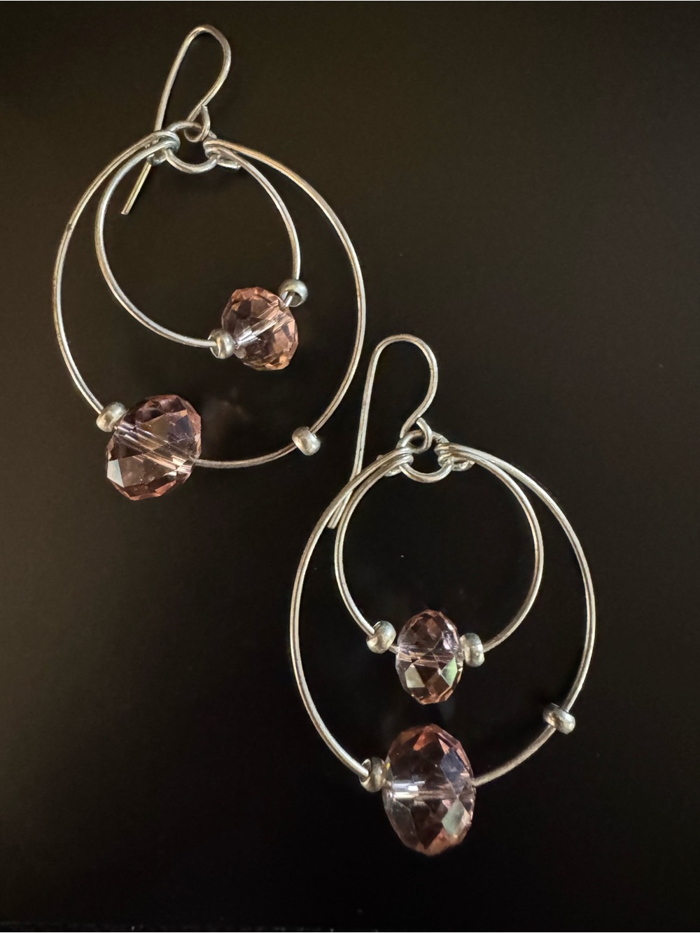 Silver Tone Concentric Circle Dangle Earrings Faceted Amethyst Glass